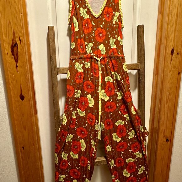Red, Orange and Yellow Floral Sleeveless V Neck Jumpsuit - Picture 3 of 3